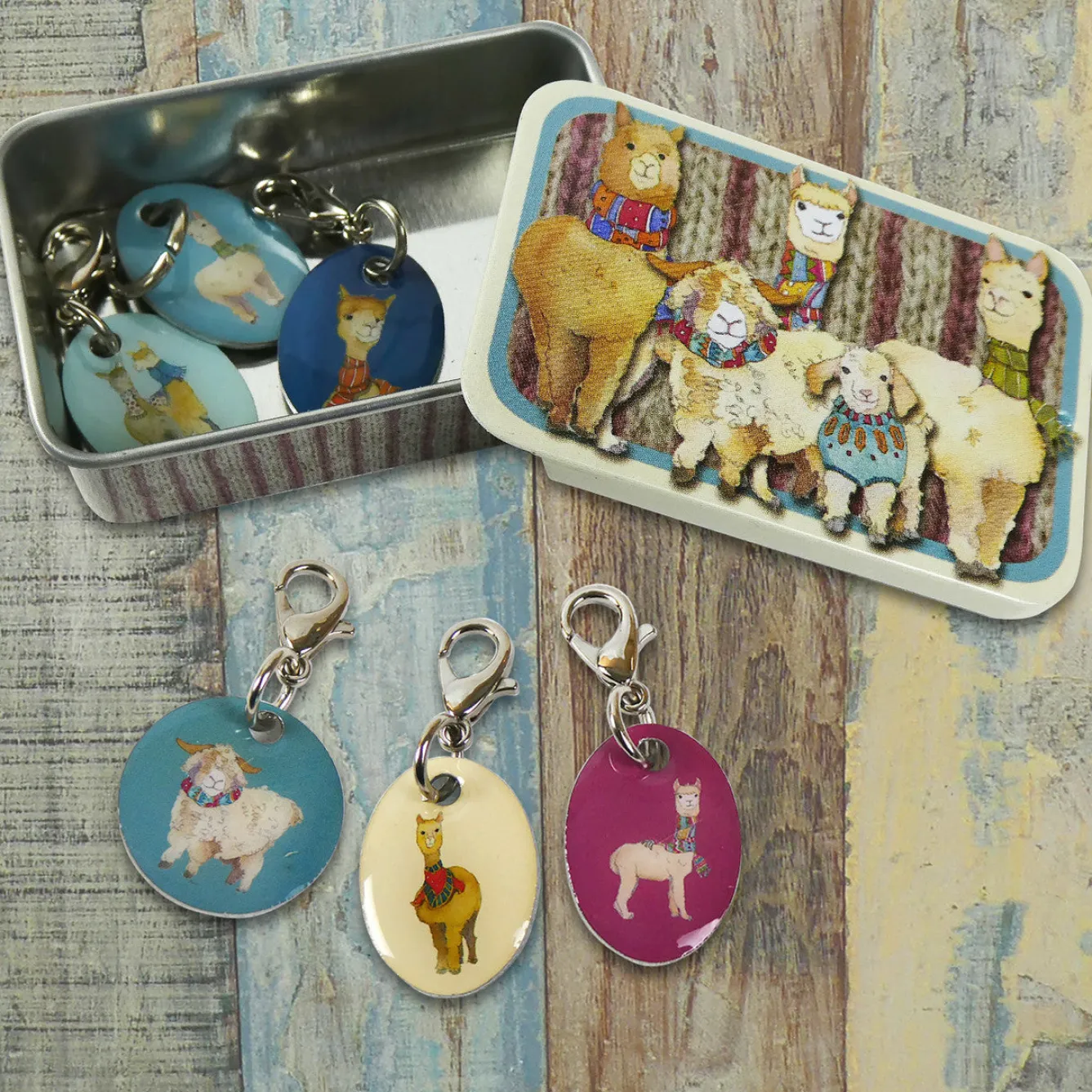 Emma Ball Alpaca & Friends Set of 6 Stitch Crochet Markers in a Pocket Tin- Stationery|Crafts