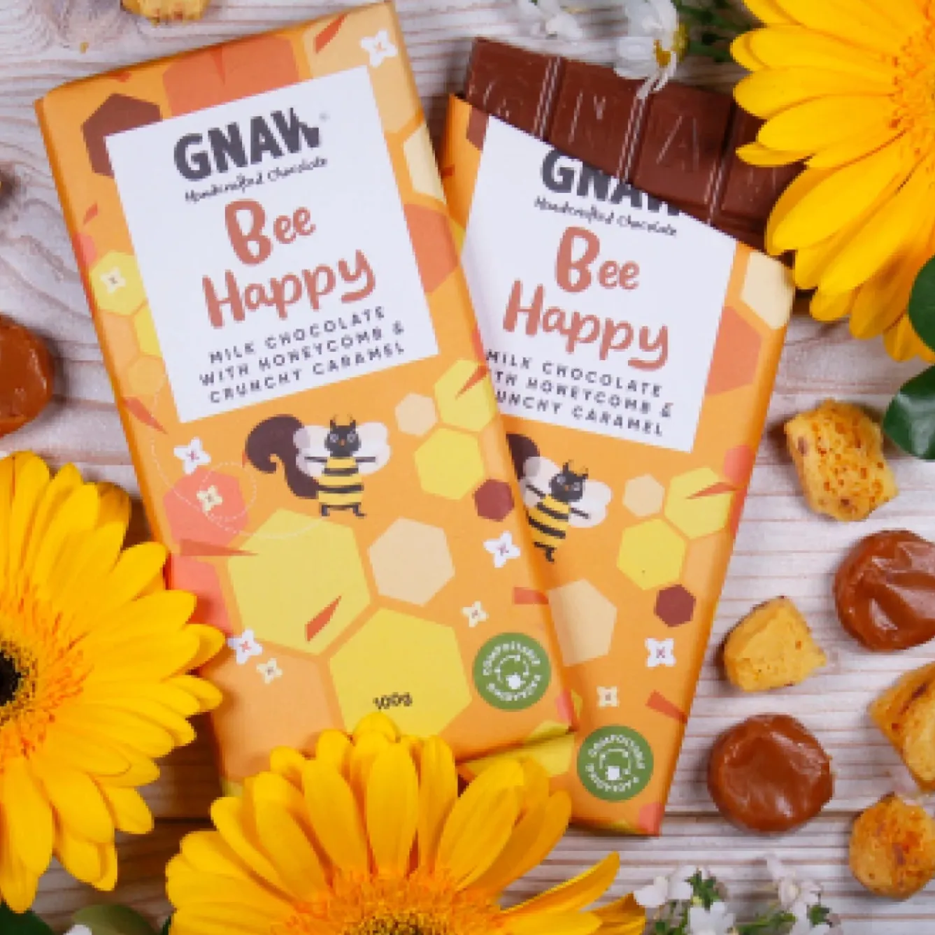 Gnaw Chocolate Bee Happy Milk Chocolate with Honeycomb & Crunchy Caramel Chocolate Bar- Chocolate