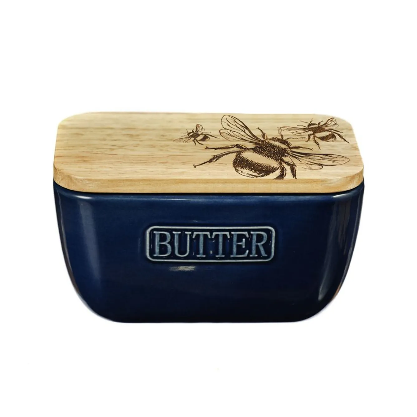 Selbrae Bee Oak & Ceramic Blue Butter Dish- Butter Dishes