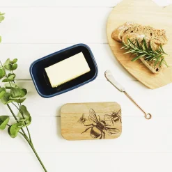 Selbrae Bee Oak & Ceramic Blue Butter Dish- Butter Dishes