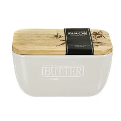 Selbrae Bee Oak & Ceramic White Butter Dish- Tea|Butter Dishes
