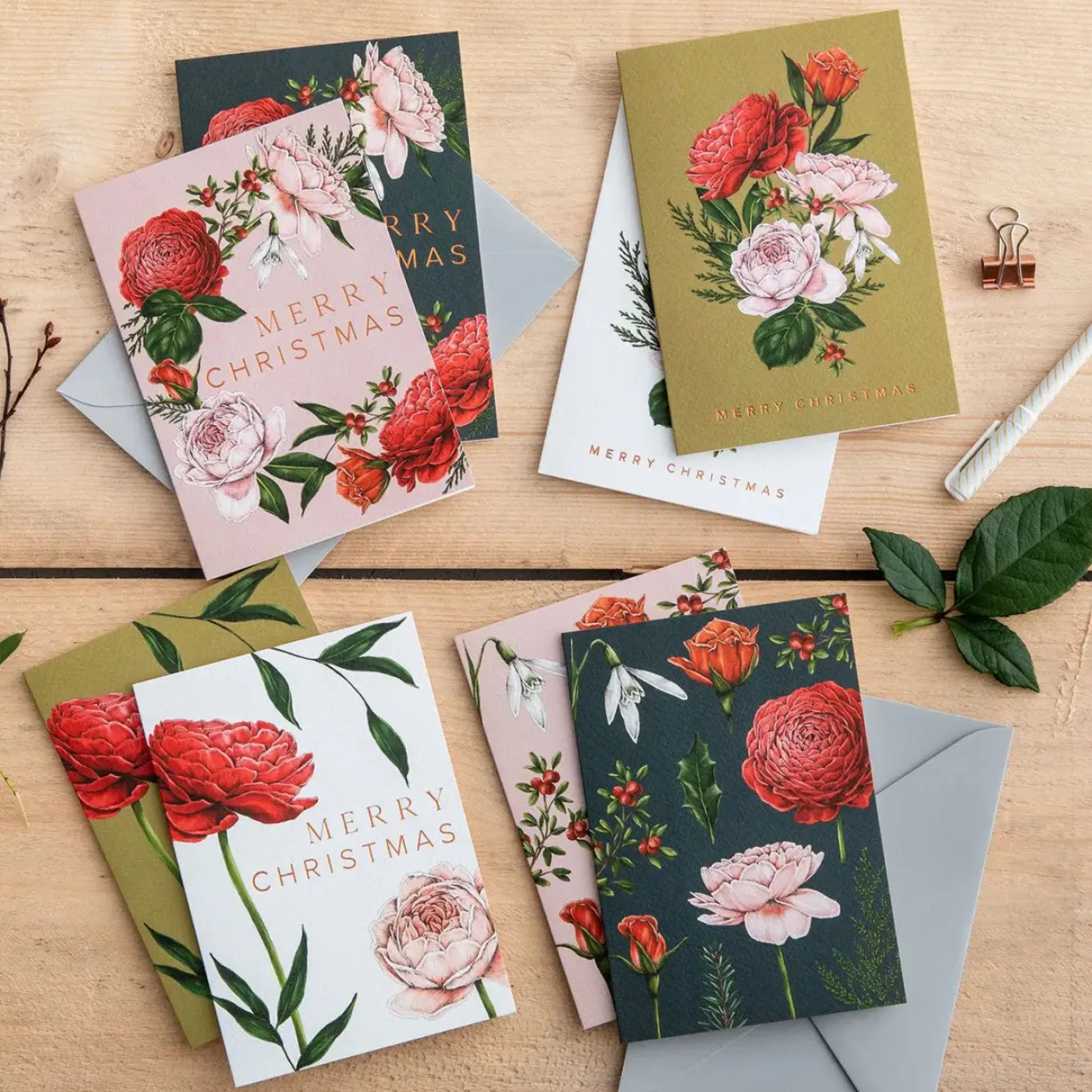 Catherine Lewis Berry Roses Range - Box of 8 Luxury Botanical Christmas Cards- Christmas Cards|Christmas