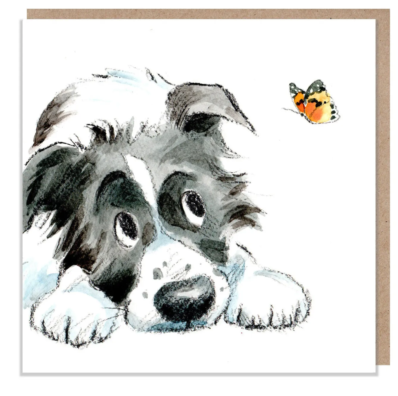 Paper Shed Design Black and White Collie with Butterfly Greetings Card- Greeting Cards