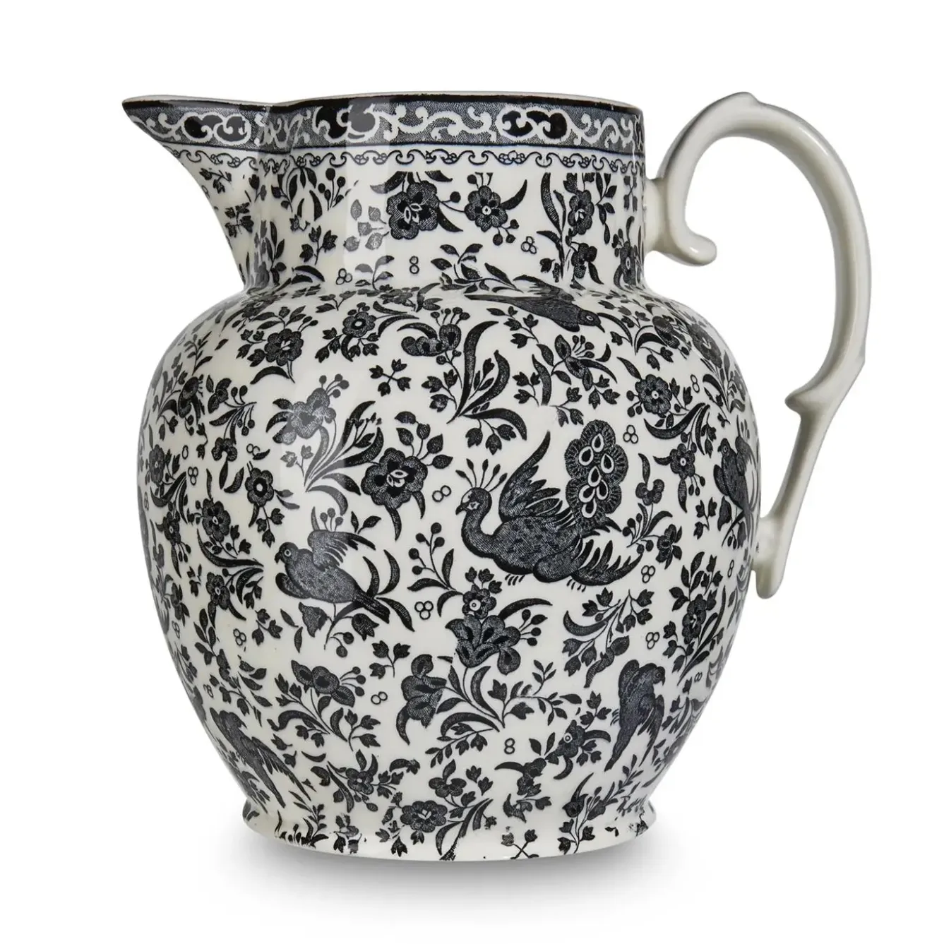 Burleigh Black Regal Peacock Etruscan Large Jug- Jugs