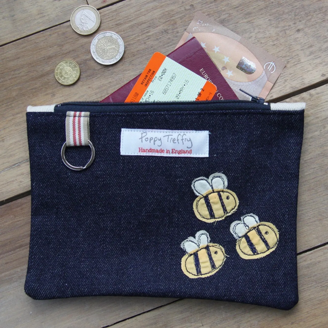 Poppy Treffry Busy Bee Flat Embroidered Zip Purse with Keyring- Storage|Key Chains