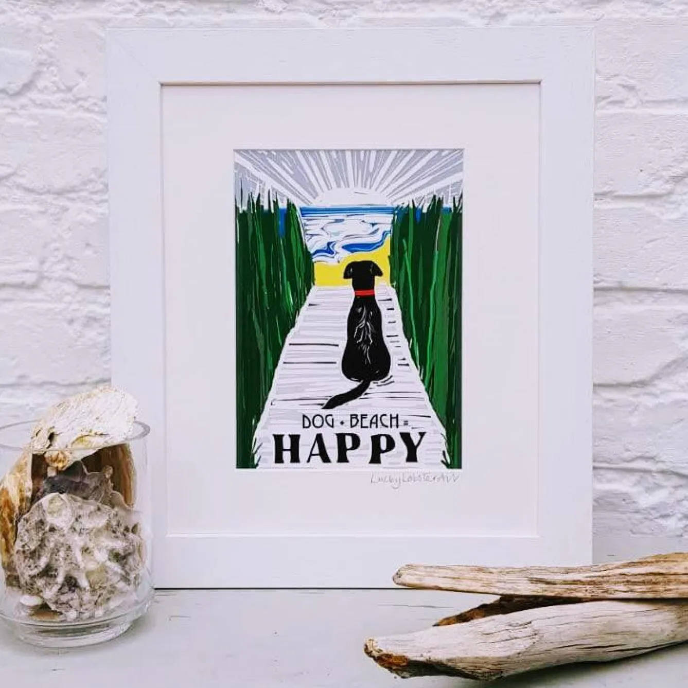 Lucky Lobster Chocolate Dog + Beach = Happy Print Framed- Art
