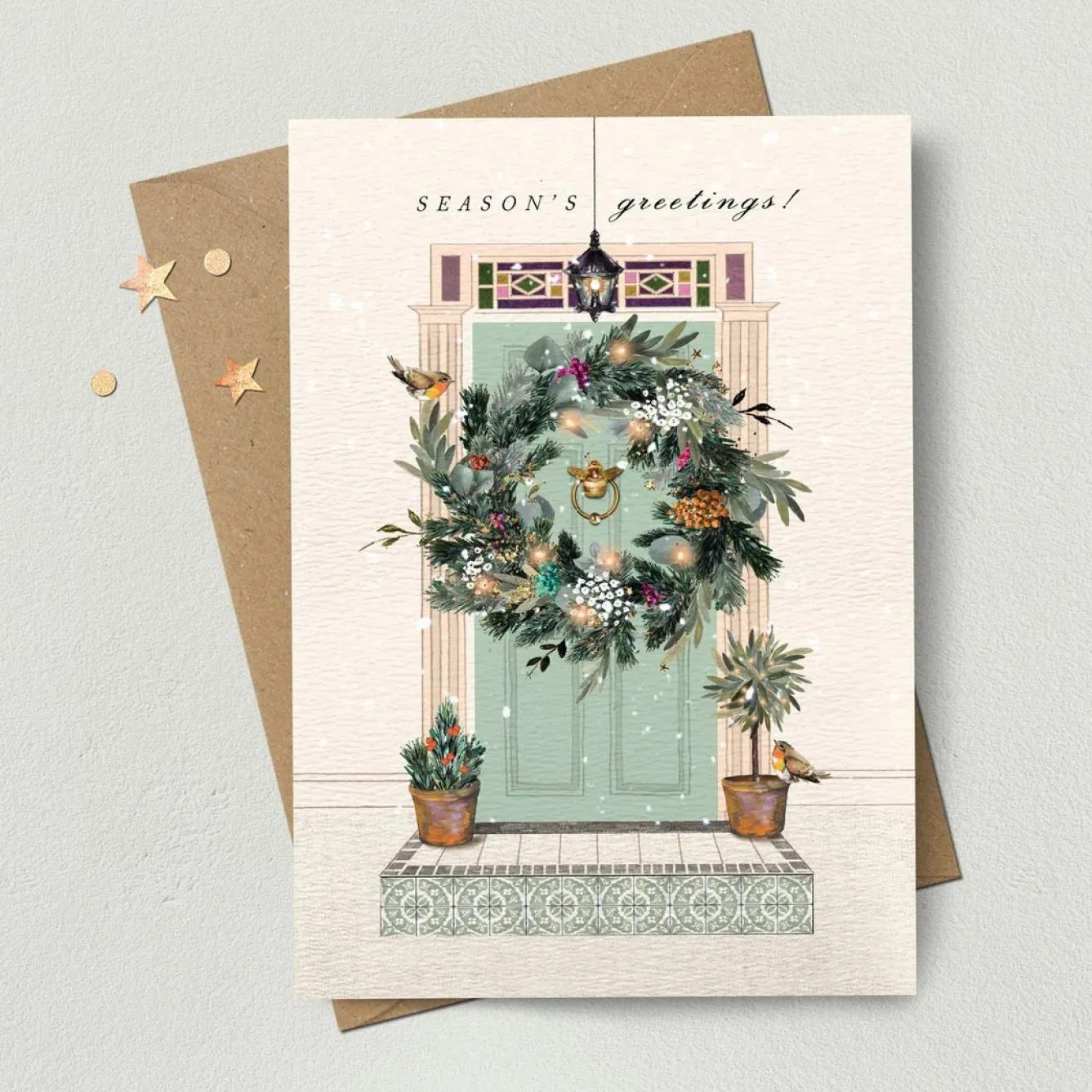 Stephanie Davies Christmas Door Wreath Greeting Card- Greeting Cards