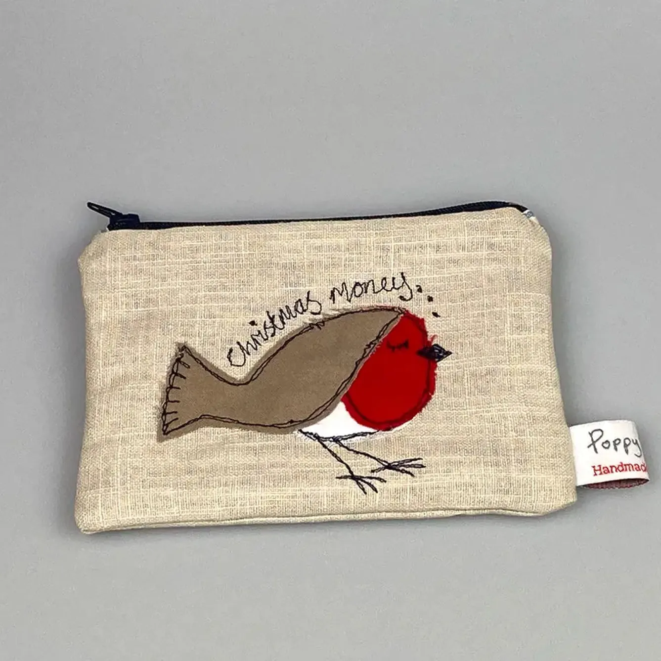 Poppy Treffry Christmas Robin Embroidered Flat Coin Purse- Storage|Bags