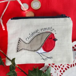 Poppy Treffry Christmas Robin Embroidered Flat Coin Purse- Storage|Bags