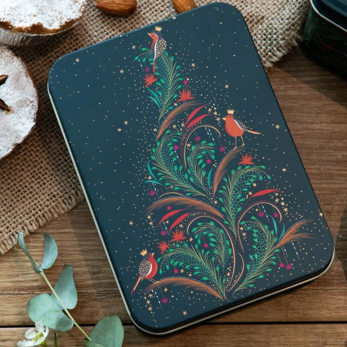 Sara Miller London Christmas Robin Tree Small Rectangular Tin- Christmas|Seasonal