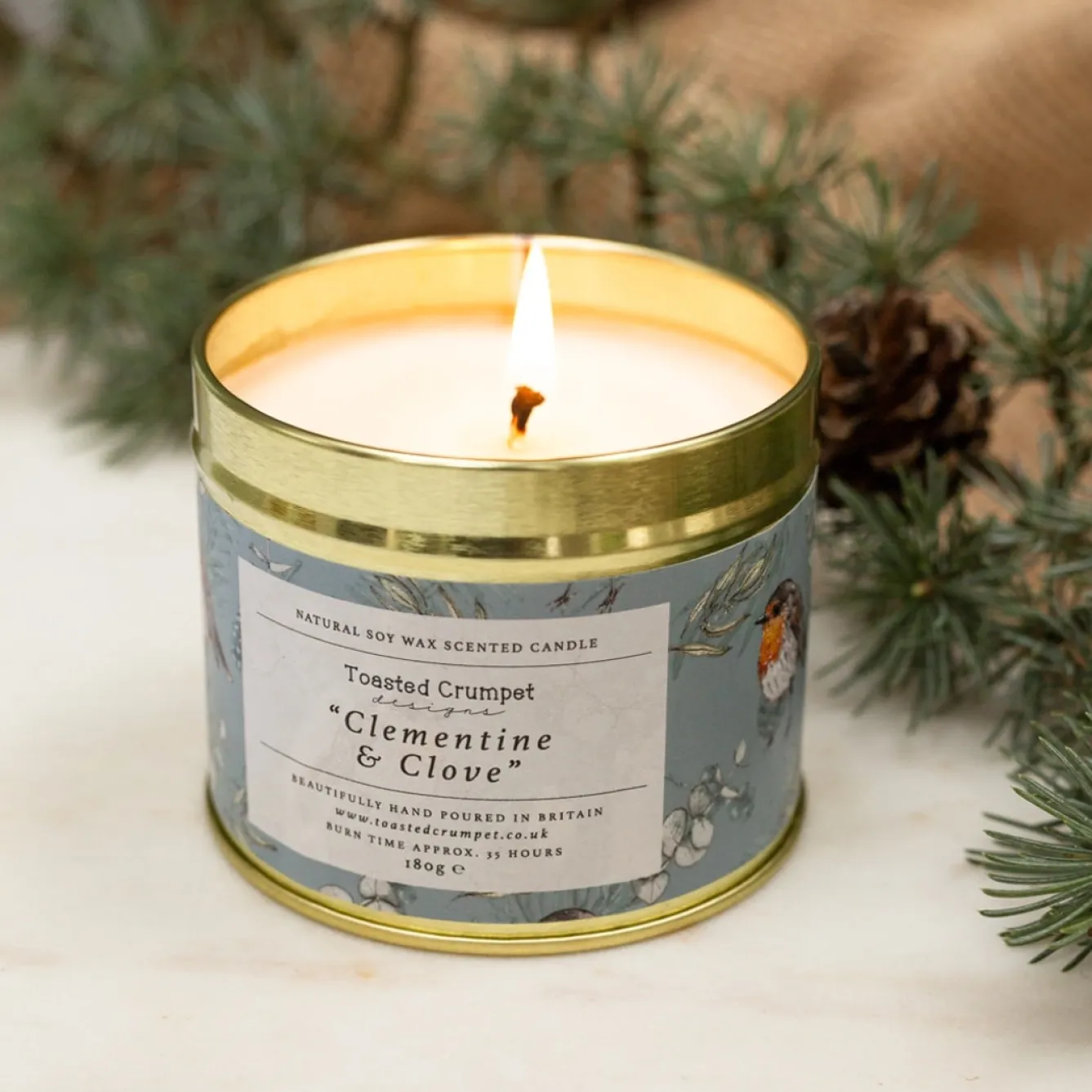 Toasted Crumpet Clementine & Clove Candle in a Matte Gold Tin- Christmas