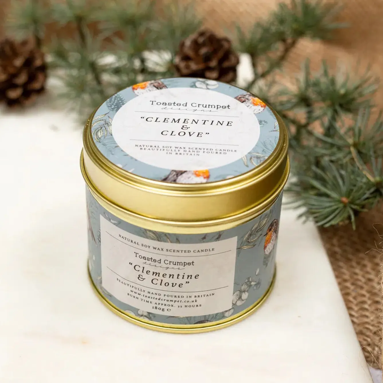 Toasted Crumpet Clementine & Clove Candle in a Matte Gold Tin- Christmas