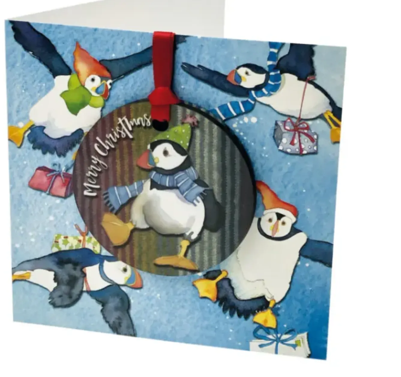 Emma Ball Dancing Puffin Melamine Bauble Card- Christmas Decorations|Christmas Cards