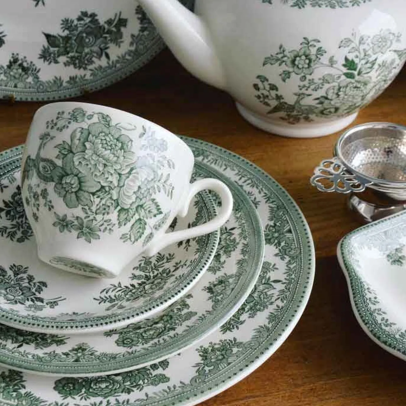 Burleigh Dark Green Asiatic Pheasant Teacup and Saucer- Tea|Teacups