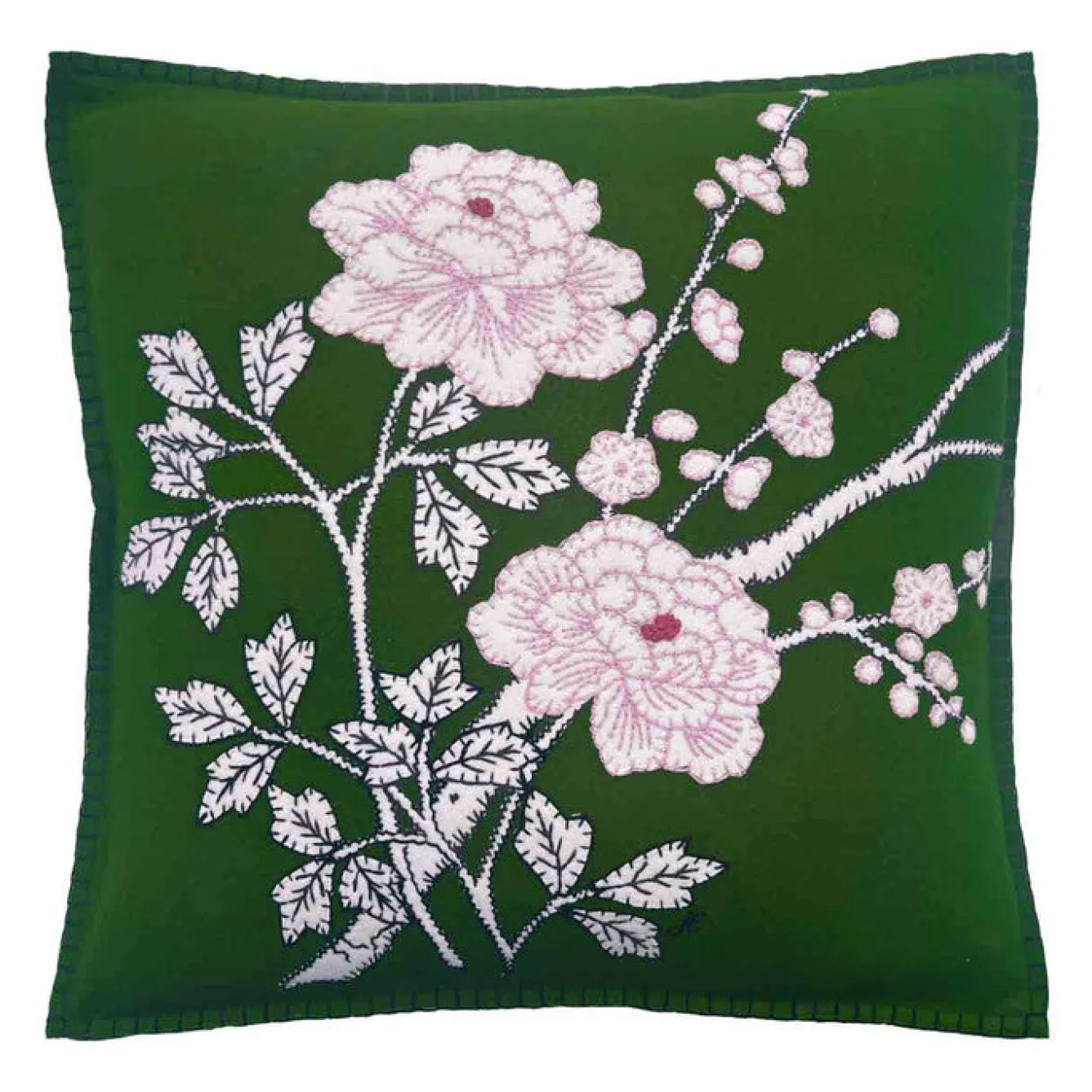 Jan Constantine Deep Green Peony Wool Pillow- Pillows & Throws