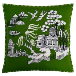 Jan Constantine Deep Green Willow Pattern Wool Pillow- Pillows & Throws