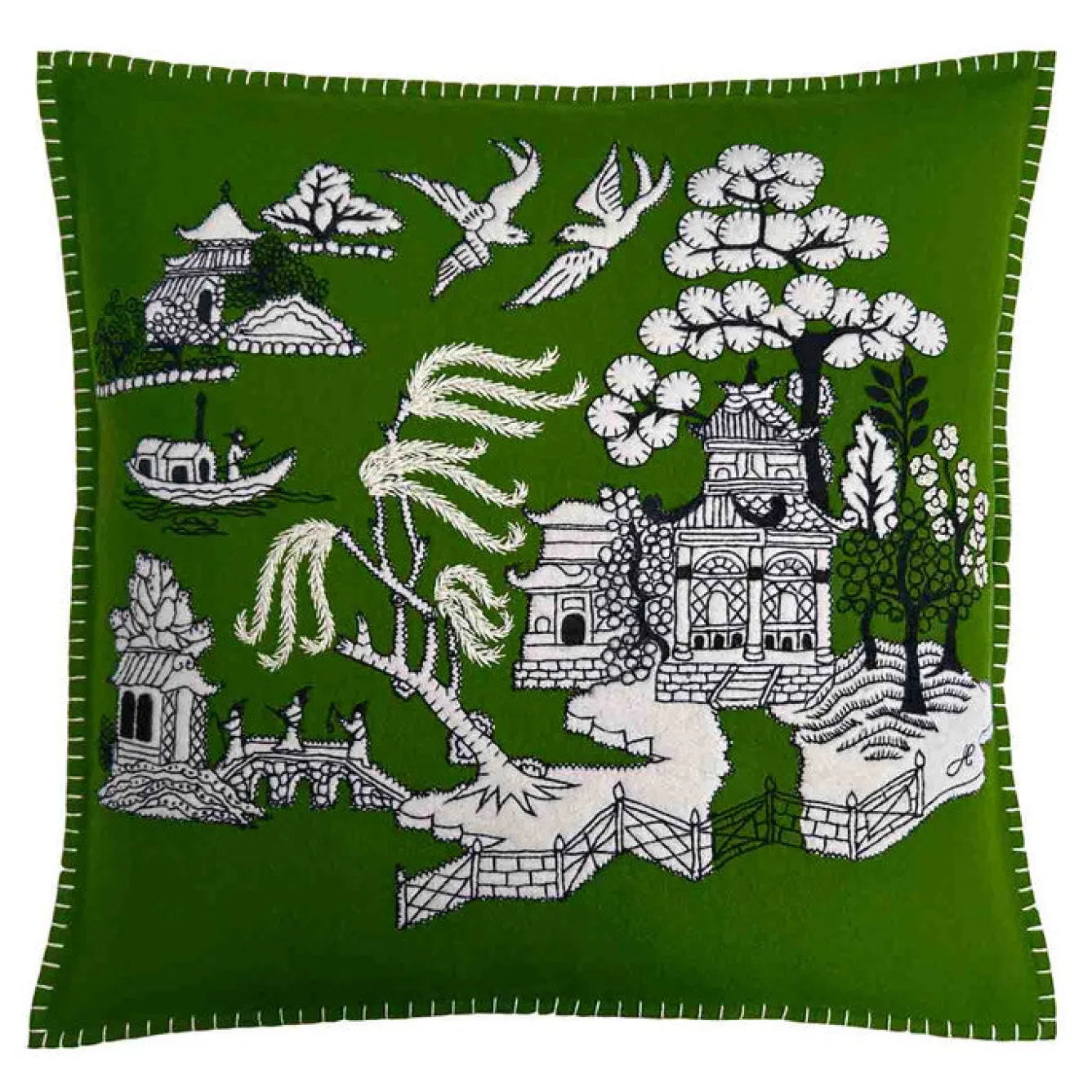 Jan Constantine Deep Green Willow Pattern Wool Pillow- Pillows & Throws