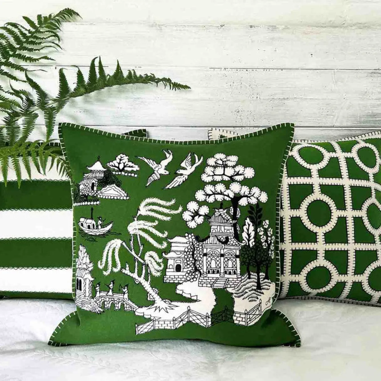 Jan Constantine Deep Green Willow Pattern Wool Pillow- Pillows & Throws