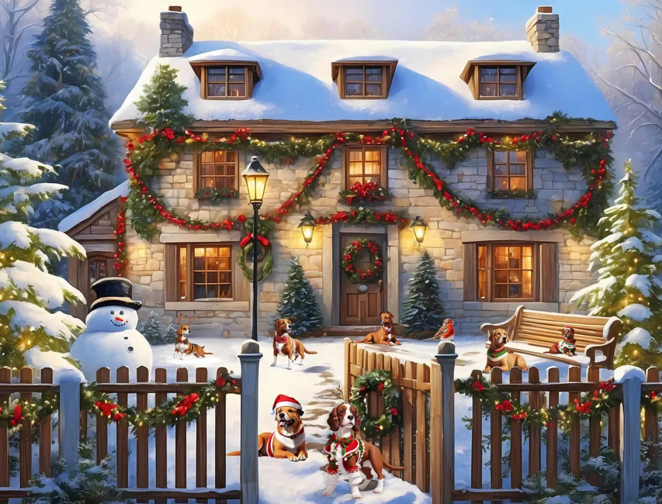 All Jigsaw Puzzles Dogs in a Christmas Cottage Garden 1000 Piece Jigsaw Puzzle- Puzzles