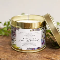 Toasted Crumpet Earl Grey & Sweet Hydrangea Candle in a Matt Gold Tin- Home Fragrance