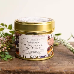 Toasted Crumpet Elderflower & Pear Presse Candle in a Matt Gold Tin- Home Fragrance