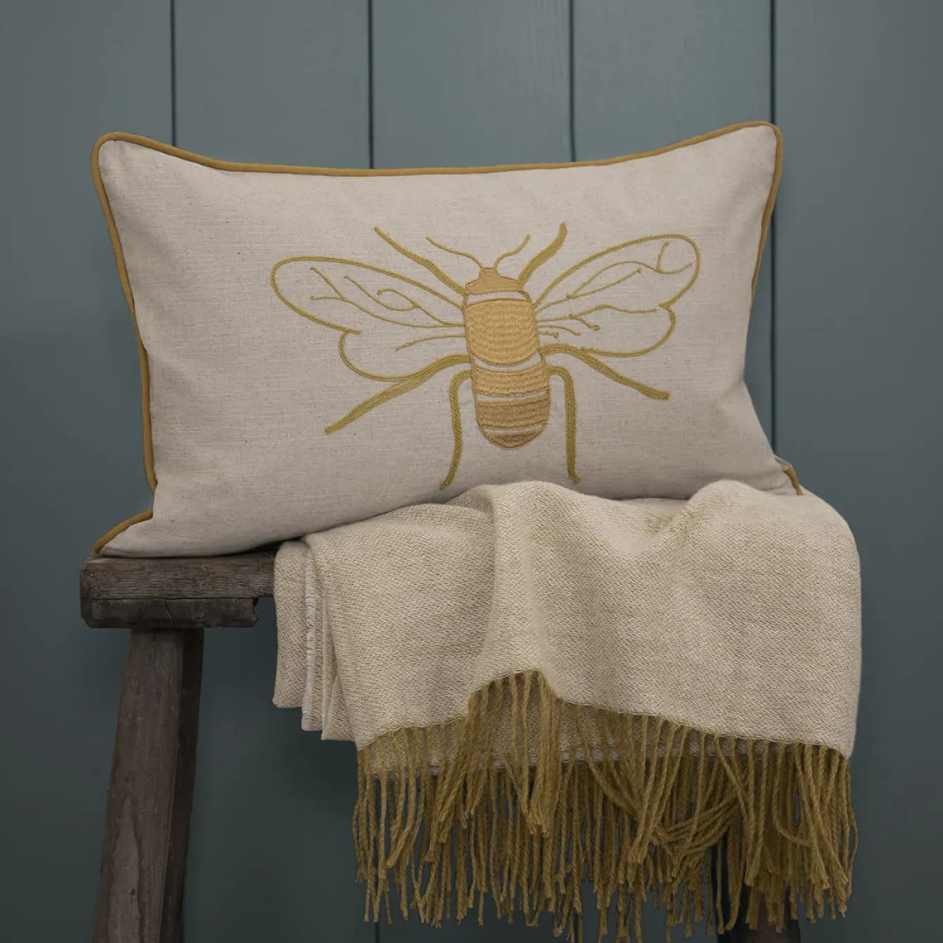 Sophie Allport Embroidered Bees Linen Blend Pillow- Pillows & Throws