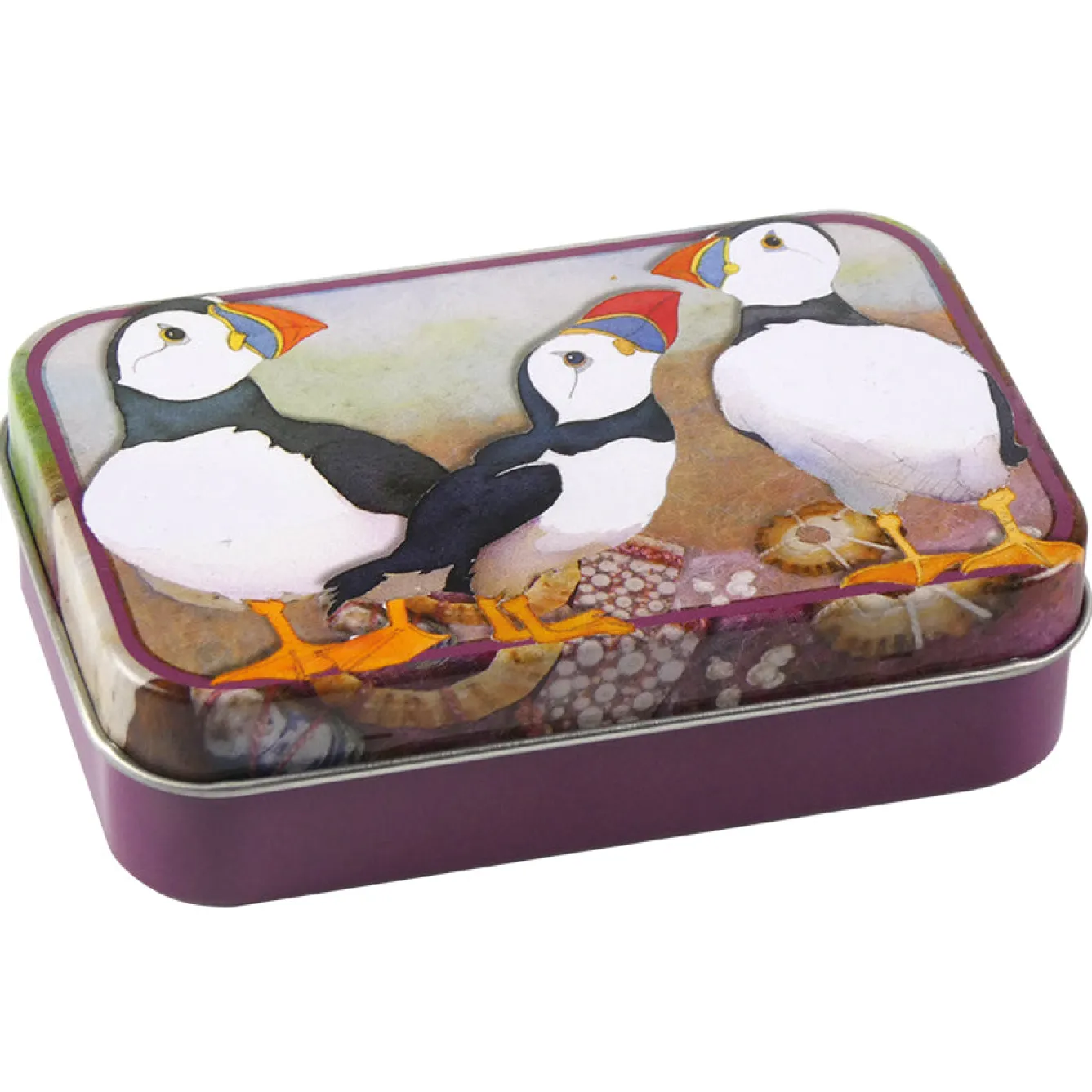 Emma Ball Felted Puffin Hinged Small Rectangular Tin- Storage