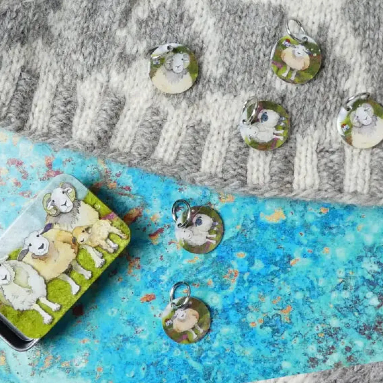 Emma Ball Felted Sheep Set of 6 Stitch Markers in a Pocket Tin- Stationery|Crafts