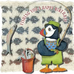 Emma Ball Fishing Birthday - Woolly Puffins Greetings Card- Greeting Cards
