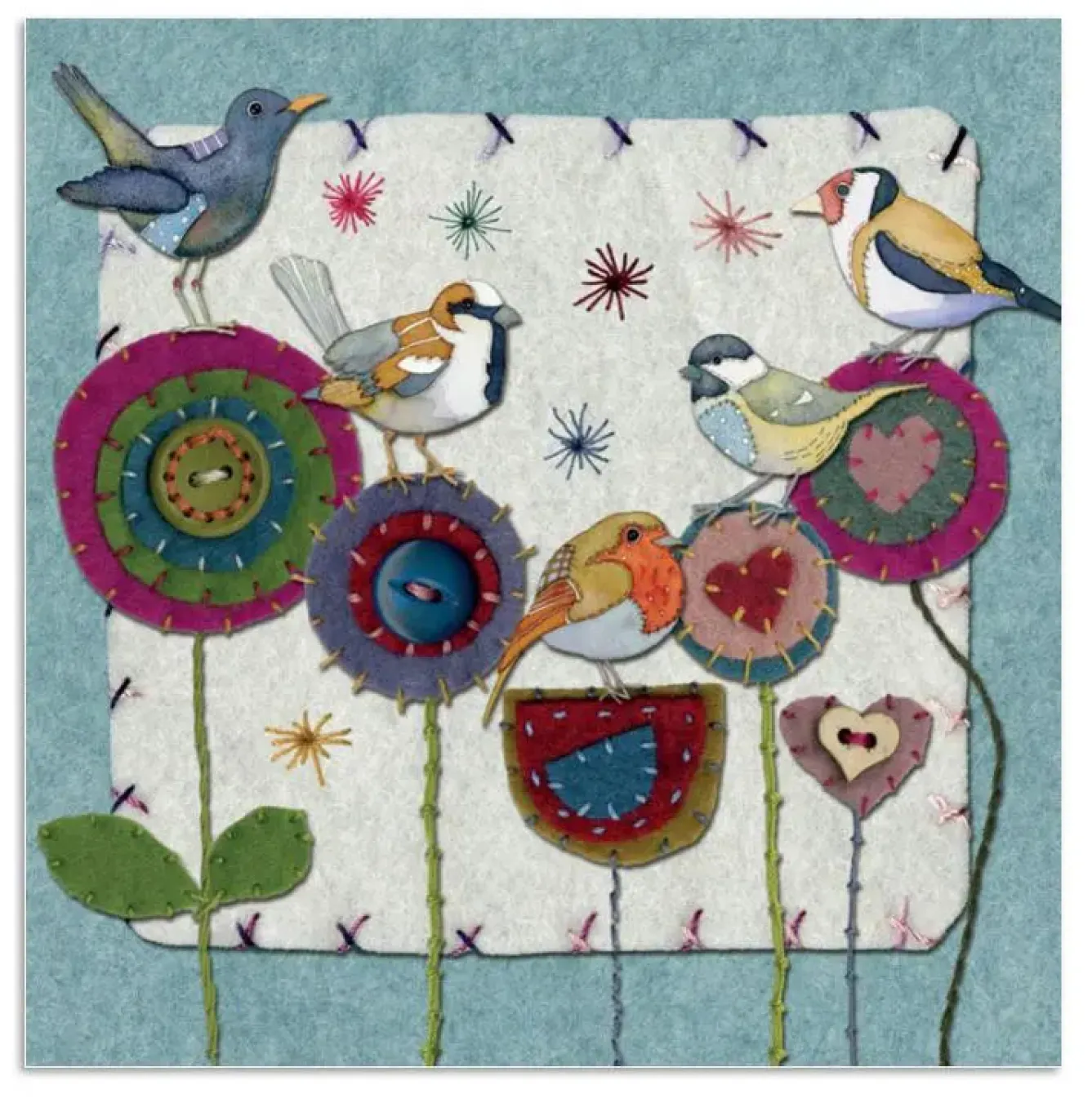 Emma Ball Five Stitched Birdies Greetings Card- Greeting Cards
