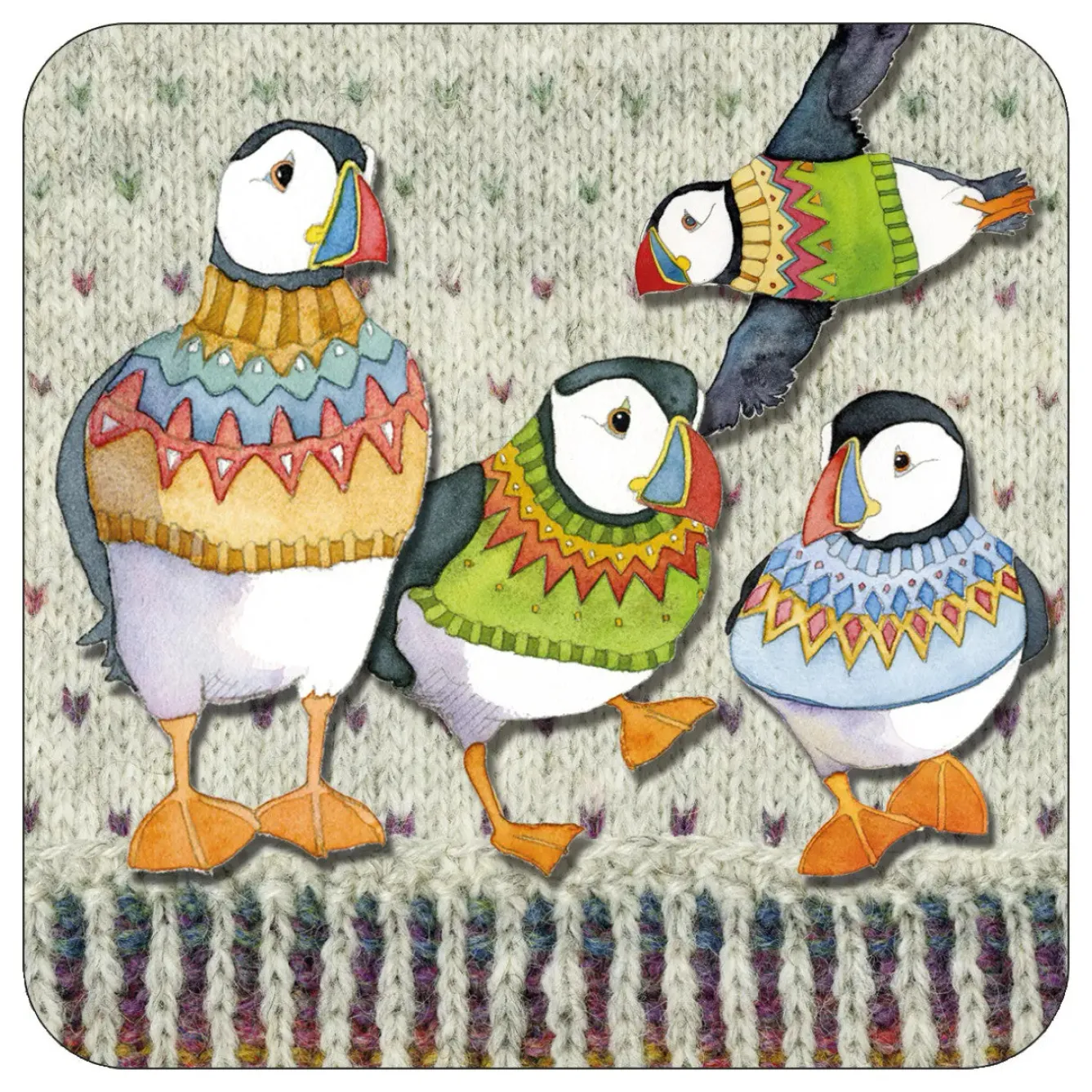 Emma Ball Four Woolly Puffins Coaster- Tea|Coasters