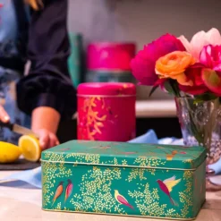 Sara Miller London Green Birds Deep Rectangular Tin by Sara Miller- Novelty|Storage
