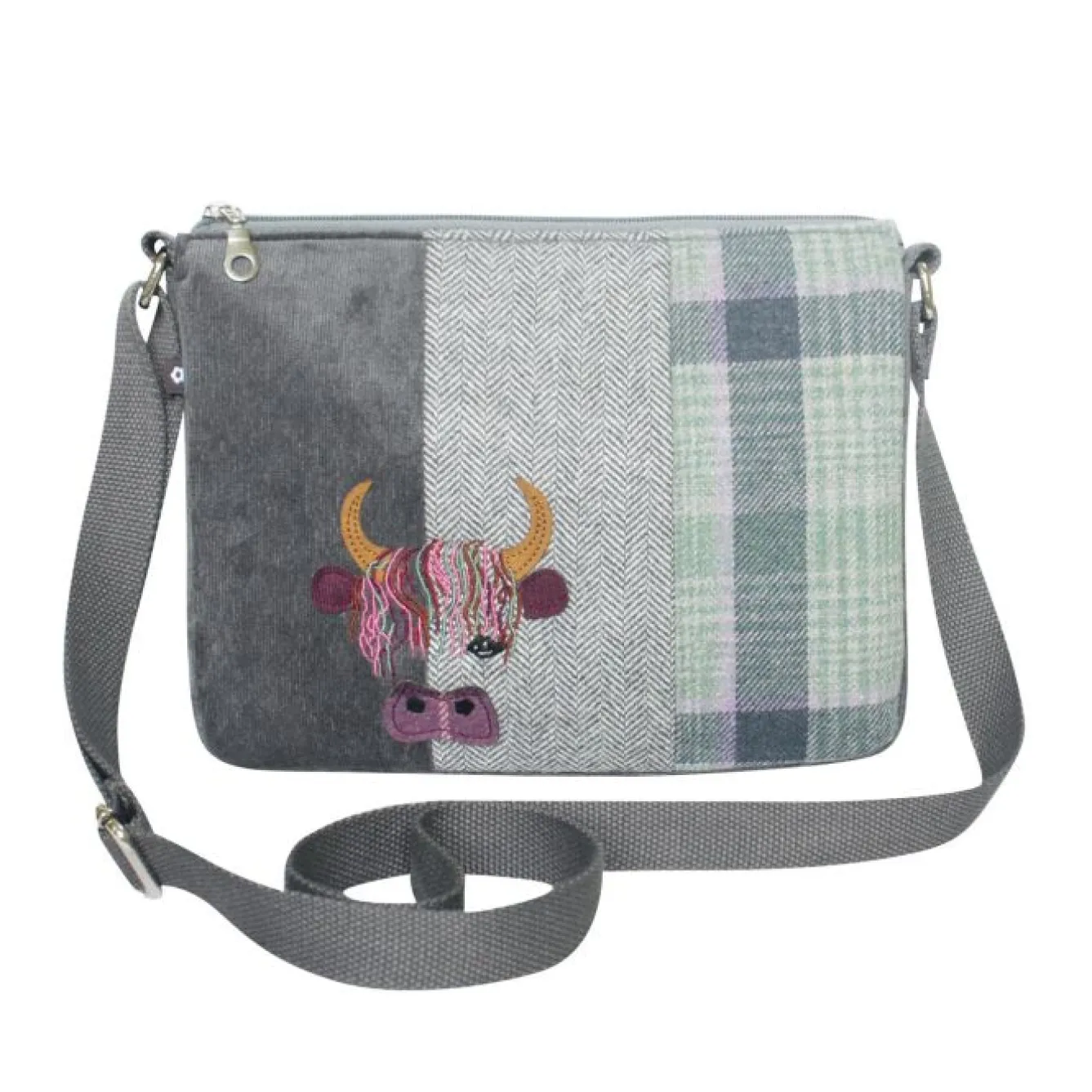 Earth Squared Bags Green Tweed Cow Applique Messenger Bag- Bags