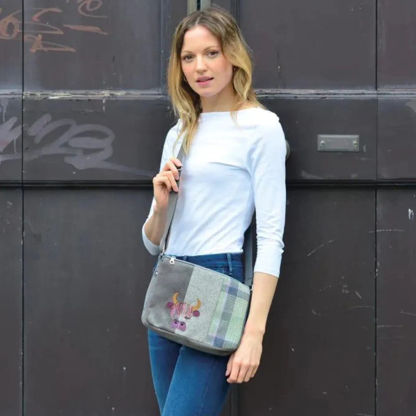 Earth Squared Bags Green Tweed Cow Applique Messenger Bag- Bags