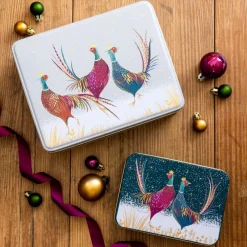Sara Miller London Grey Pheasants Deep Rectangular Tin- Christmas|Seasonal