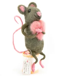 Sew Heart Felt Grey Sitting Felt Mouse Holding a Pink Heart- Valentine's Day|Children
