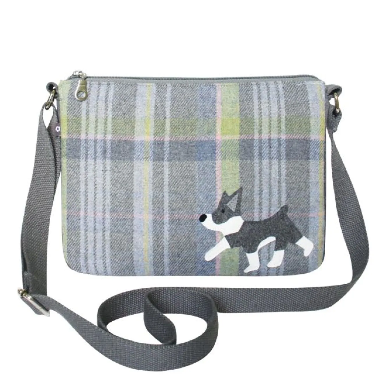 Earth Squared Bags Grey Tweed Grey & White Dog Applique Messenger Bag- Bags
