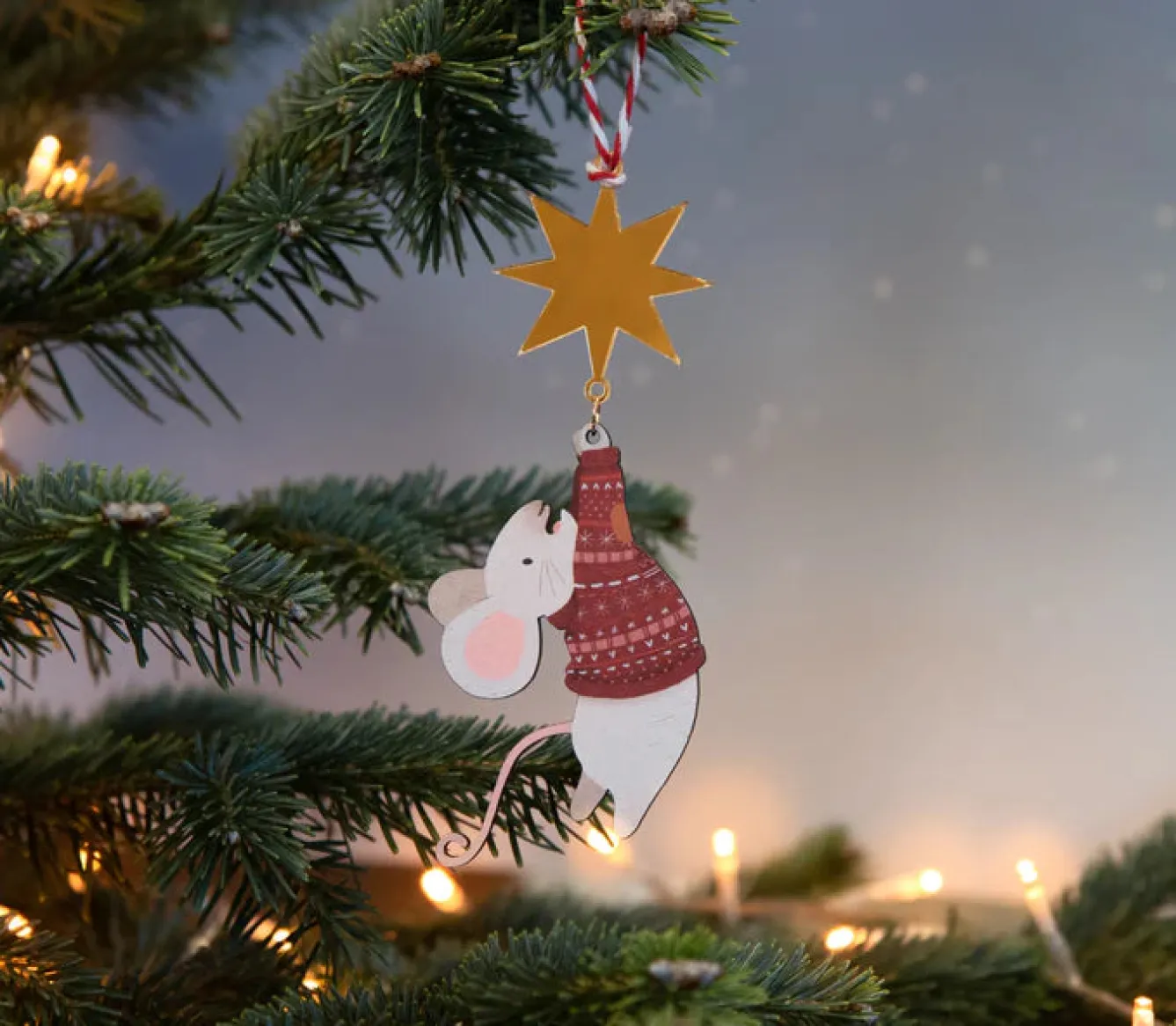 Dapple & Dot Hanging Mouse and Star Wooden Christmas Decorations- Christmas