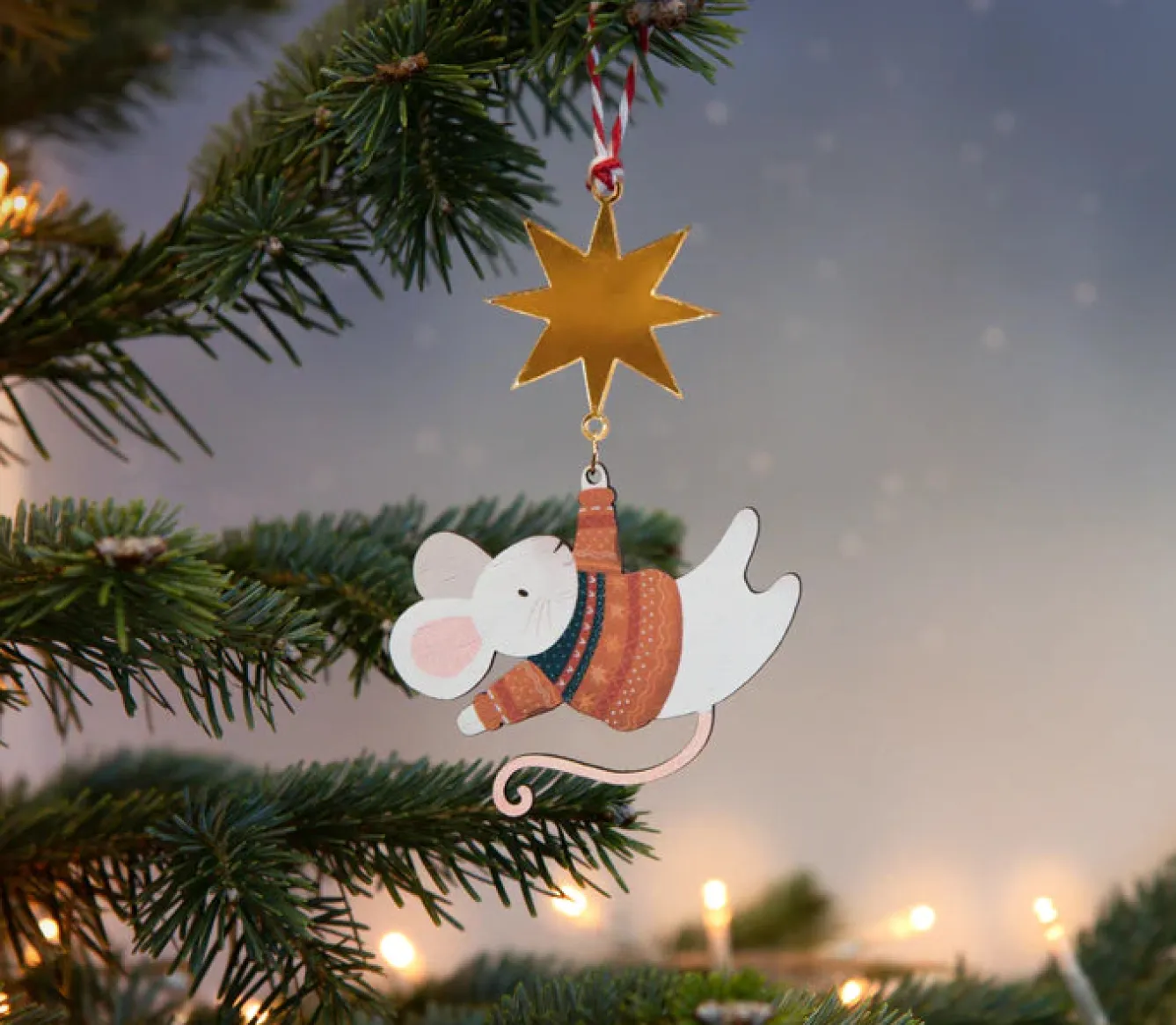 Dapple & Dot Hanging Mouse and Star Wooden Christmas Decorations- Christmas