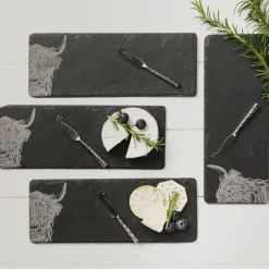 Selbrae Highland Cow Mini Slate Cheese Board & Knife Set of 4- Father's Day|Serving Plates & Boards