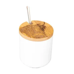 Selbrae Highland Cow Oak & Ceramic Jar & Spoon Set Dish- Tea|Jam Pots