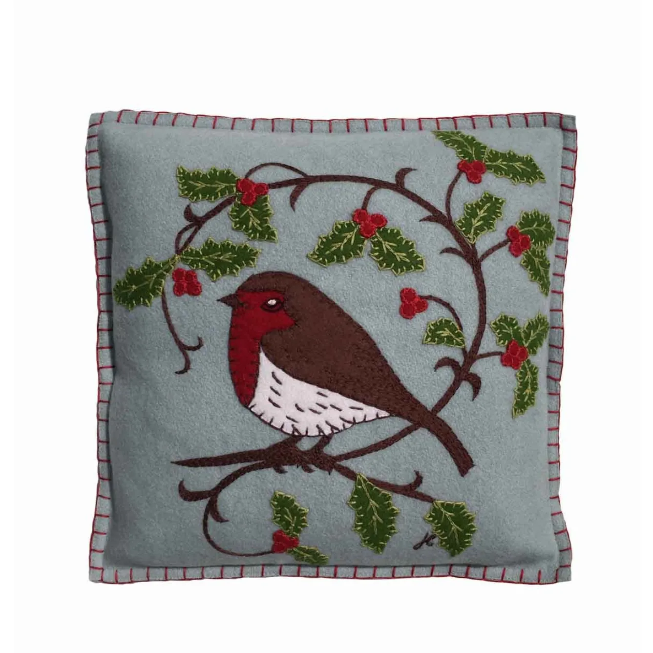 Jan Constantine Holly Robin Pillow - Duck Egg Blue- Seasonal Decor|Pillows & Throws