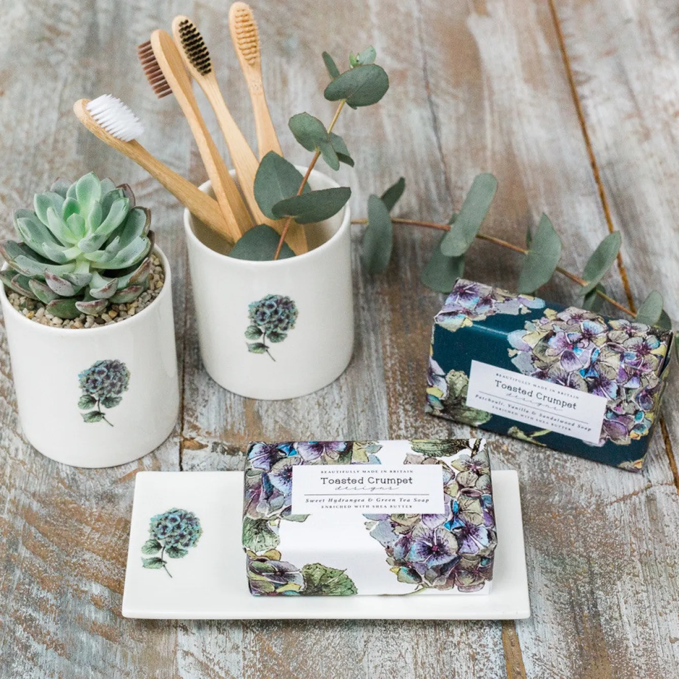 Toasted Crumpet Hydrangea Bone China Rectangular Soap Dish- Soaps & Lotions|Serving Plates & Boards