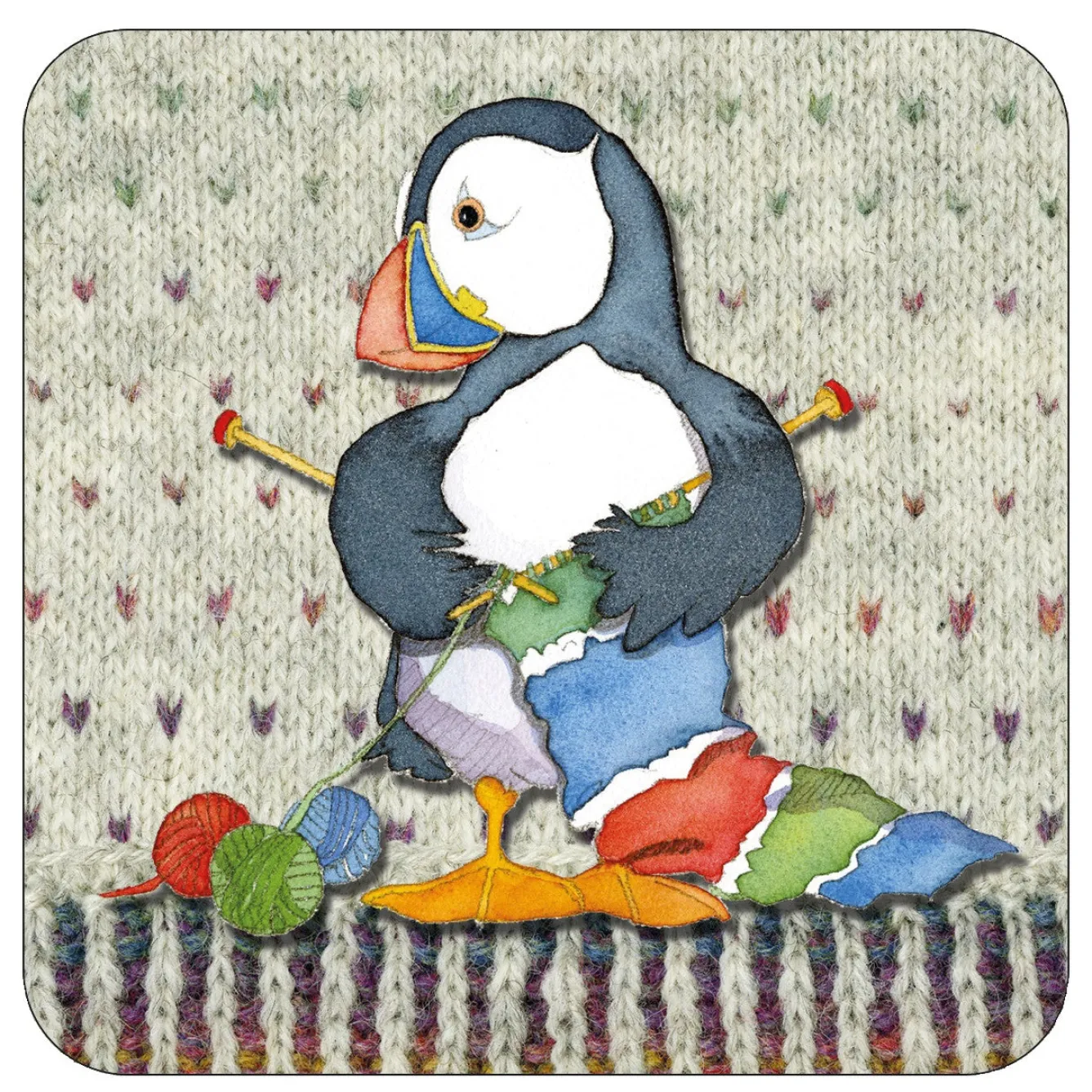 Emma Ball Knitting Woolly Puffins Coaster- Tea|Coasters