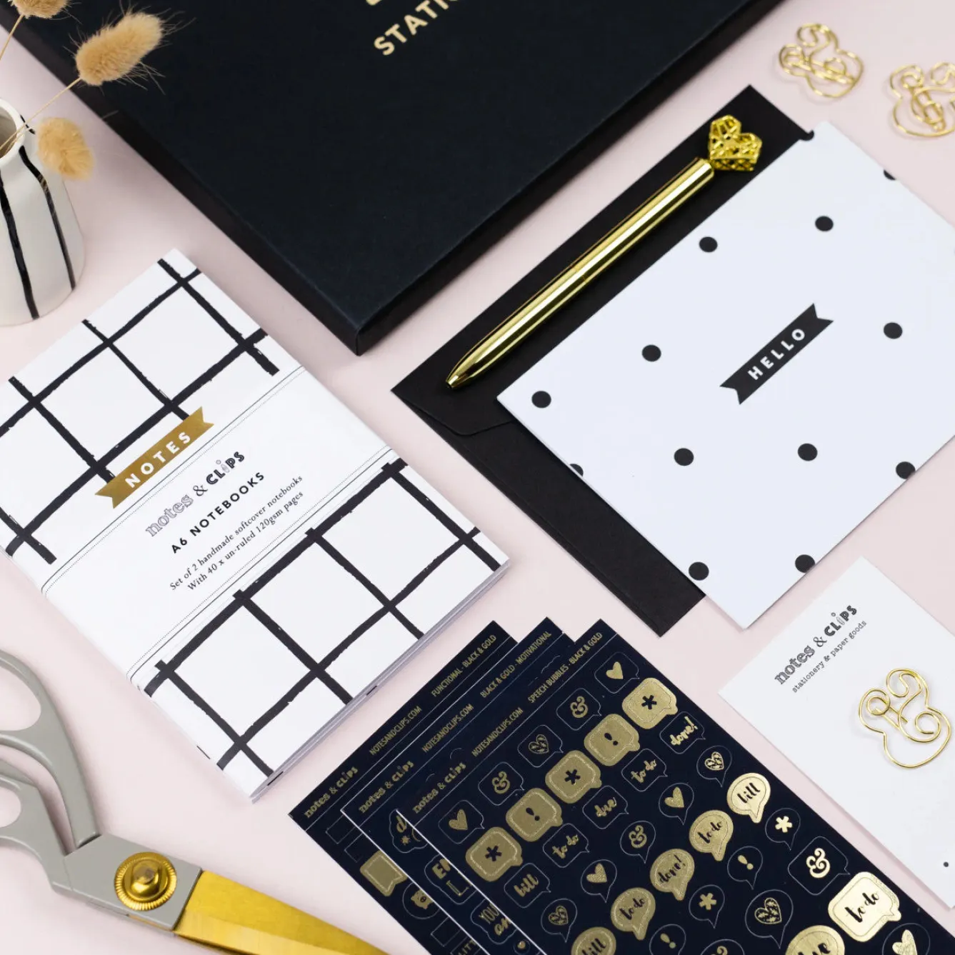 Notes & Clips Notes & Clips Black & Gold Stationery Box- Stationery