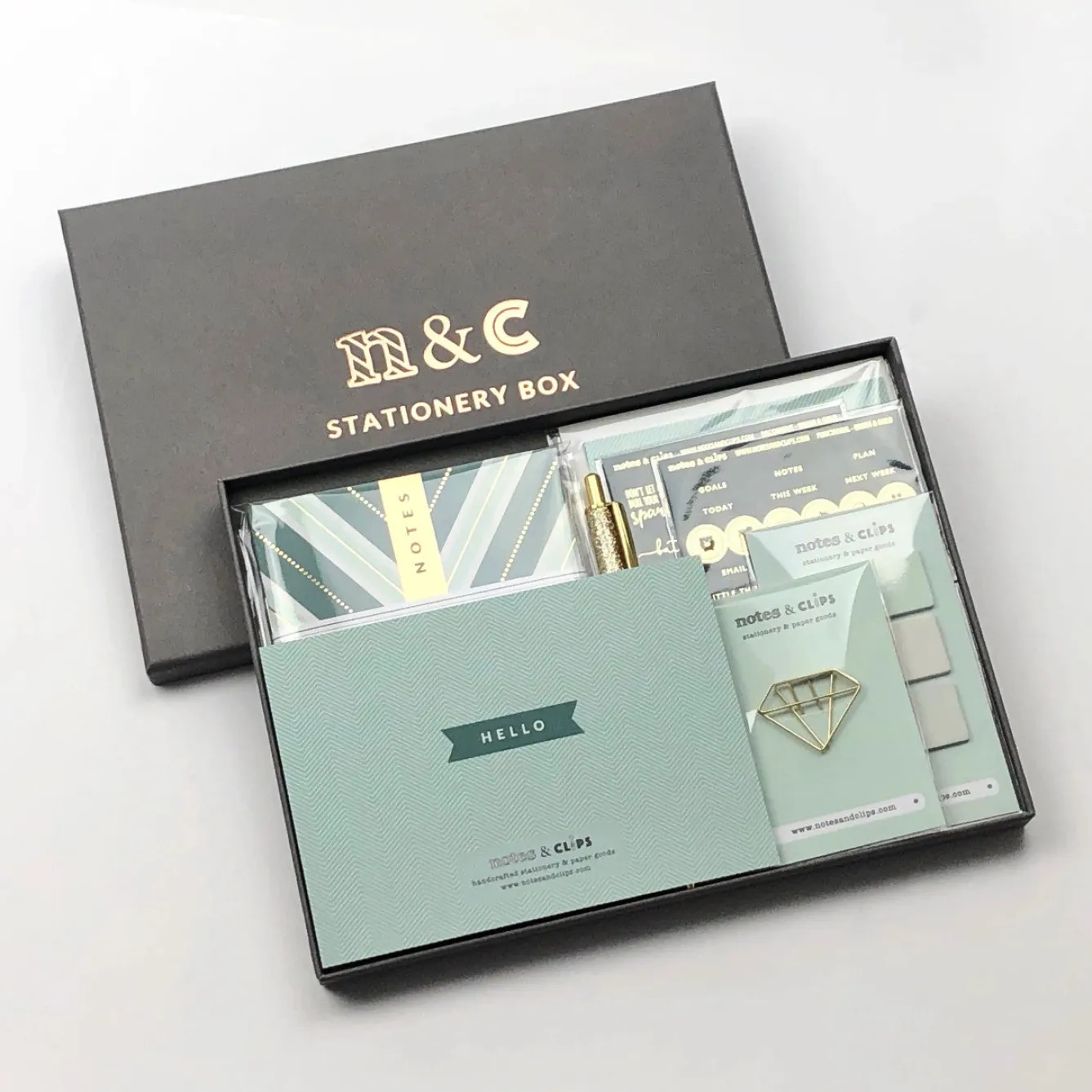 Notes & Clips Notes & Clips Green & Gold Stationery Box- Stationery