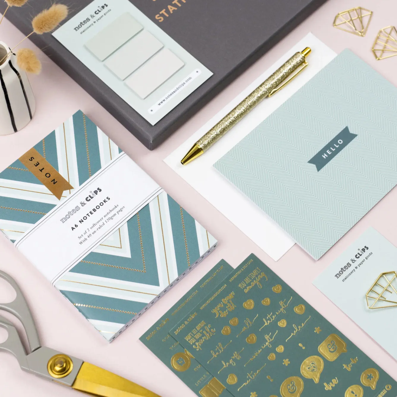 Notes & Clips Notes & Clips Green & Gold Stationery Box- Stationery