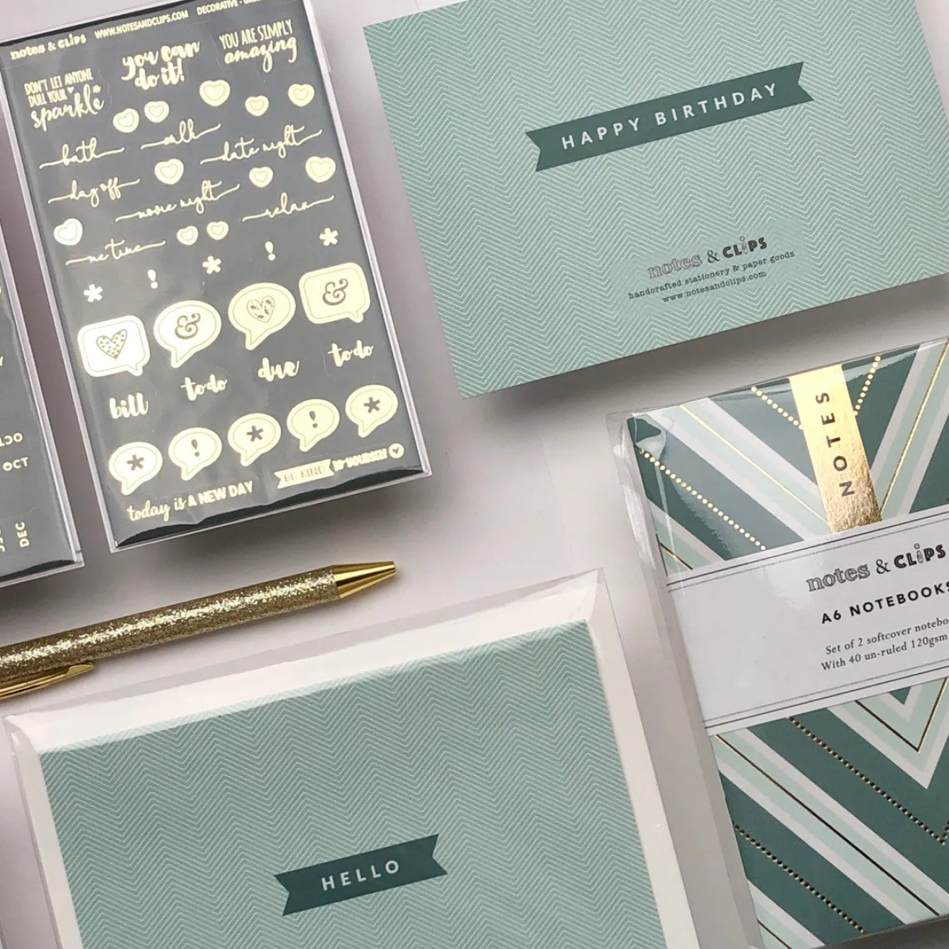 Notes & Clips Notes & Clips Green & Gold Stationery Box- Stationery