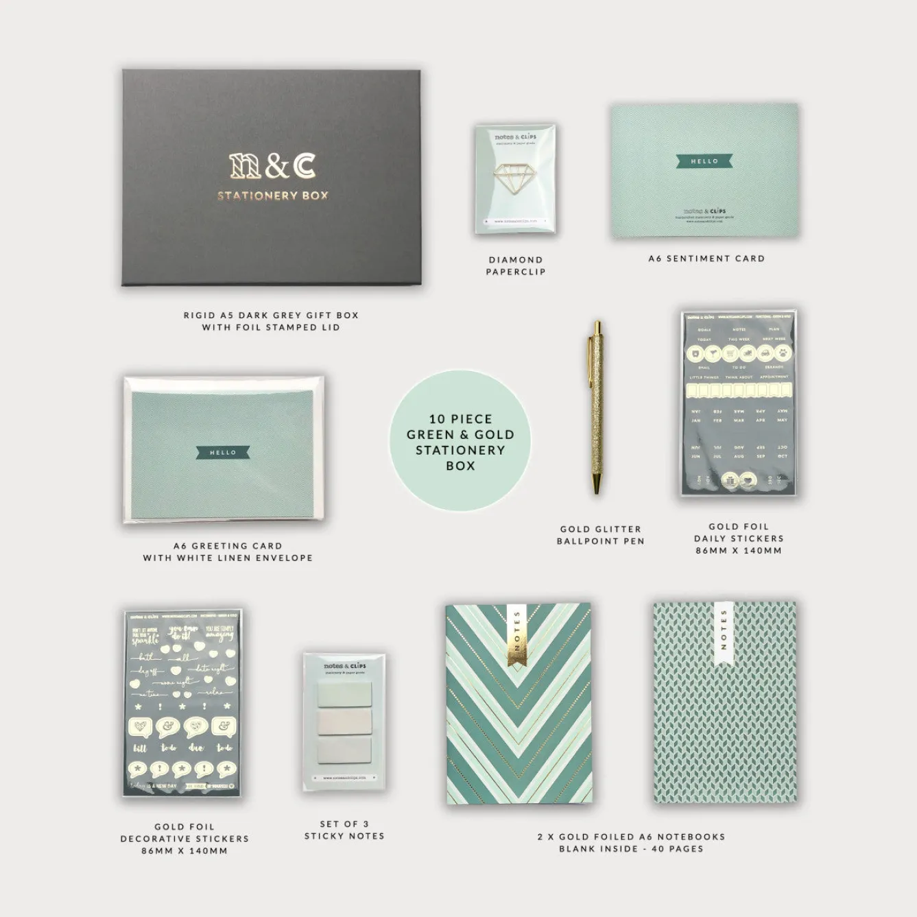 Notes & Clips Notes & Clips Green & Gold Stationery Box- Stationery