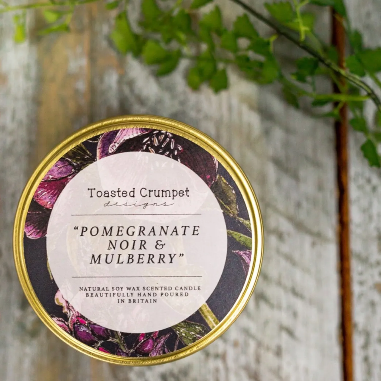 Toasted Crumpet Pomegranate Noir & Mulberry Candle in a Matt Gold Tin- Home Fragrance